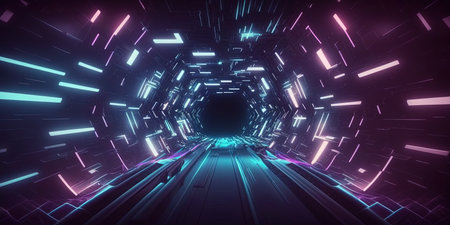 Artificial Intelligence Connection Tech Background with Futuristic Tunnel Neon Lightの素材