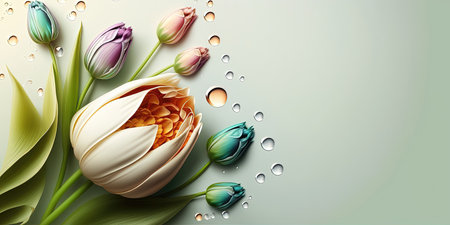 Realistic Nature Illustration of a Tulip Bloom and Leavesの素材