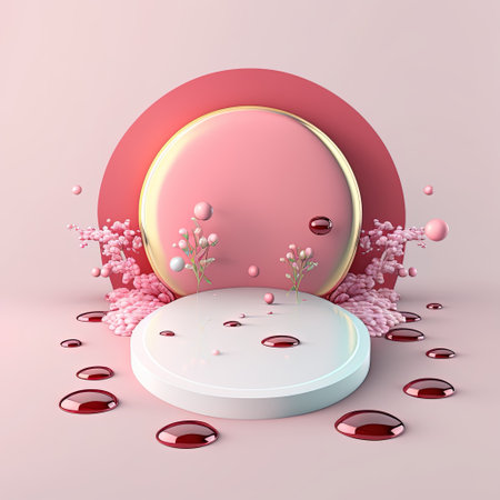 Shiny 3D Pink Podium with Eggs and Flowers for Easter Product Presentationの素材