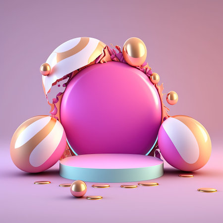 3D Shiny Pink Podium with Easter Egg Decorations for Product Presentationの素材