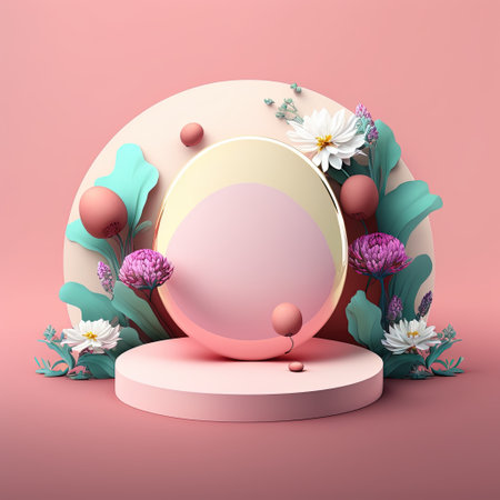Glossy 3D Pink Stage with Eggs and Flowers Decoration for Easter Day Product Displayの素材