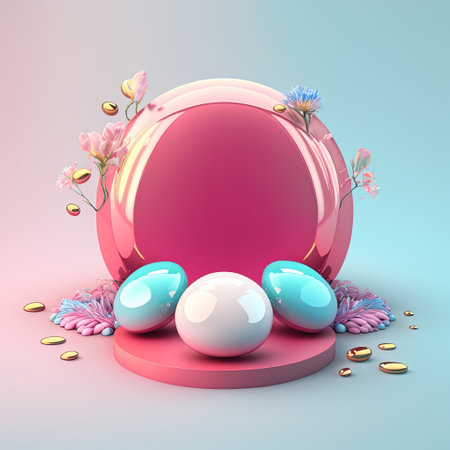 3D Shiny Pink Podium Stage Platform with Easter Egg Decor for Product Showcaseの素材