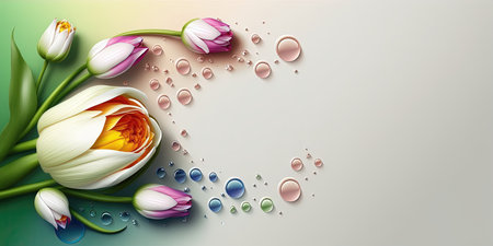 Realistic Illustration of a Tulip Flower Blooming and Green Leavesの素材