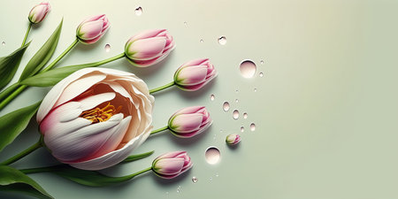 Realistic Flower Illustration of a Tulip Blooming and Leavesの素材