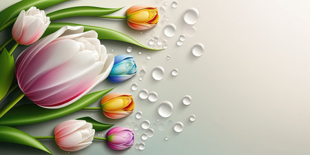 Realistic Nature Flower Illustration of a Tulip Blooming and Green Leafの素材