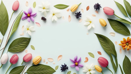 Flat Lay Flowers and Leaves Isolated On a White Backgroundの素材