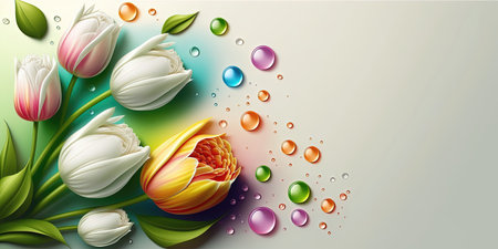 Nature Illustration of a Tulip Flower Blooming and Green Leavesの素材
