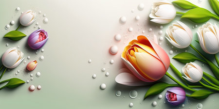 Realistic Illustration of a Tulip Blooming and Leafの素材