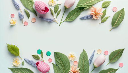 Flowers and Leaves On a White Background with Copy Spaceの素材