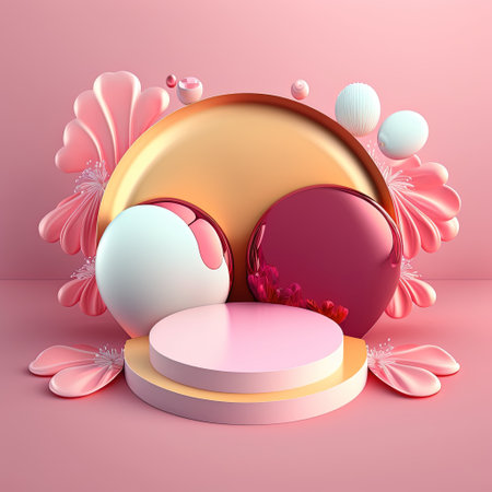 3D Shiny Pink Stage with Easter Eggs Decoration for Product Presentationの素材