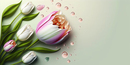 Realistic Nature Flower Illustration of a Tulip Blooming and Green Leavesの素材