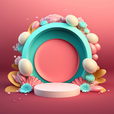 3D Pink Illustration Podium Decorated with Eggs and Flowers for Product Display Easter Holidayの素材