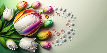 Illustration of a Tulip Flower Bloom and Green Leavesの素材