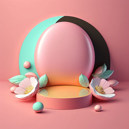 3D Pink Illustration Podium Decorated with Eggs and Flowers for Product Presentation Easter Dayの素材