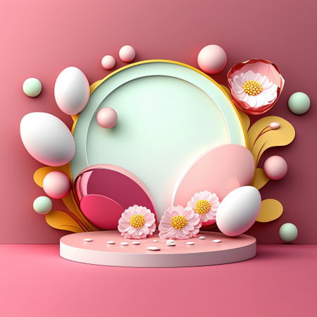 3D Pink Illustration Podium Decorated with Eggs and Flowers for Product Display Easter Holidayの素材