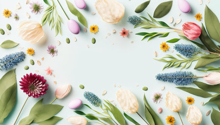 Flat Lay Flowers and Leaves Isolated On a White Background with Empty Spaceの素材