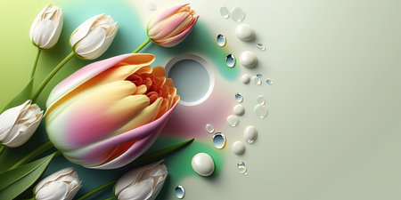 Nature Illustration of a Tulip Flower Bloom and Leavesの素材