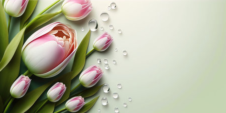 Realistic Flower Illustration of a Tulip Bloom and Green Leafの素材
