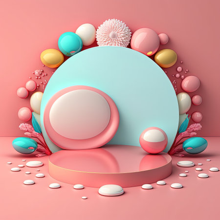 3D Pink Podium Decorated with Shiny Eggs and Flowers for Product Stand Easter Holidayの素材