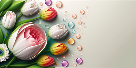 Nature Illustration of a Tulip Flower Blooming and Green Leafの素材