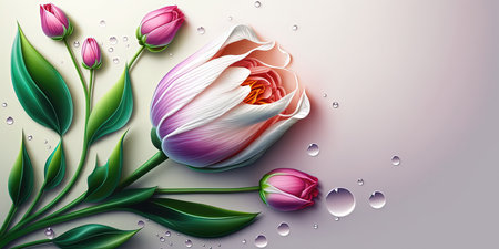 Realistic Nature Illustration of a Tulip Flower Bloom and Green Leafの素材