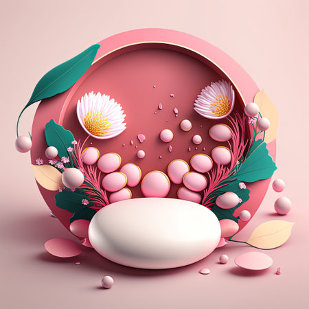 3D Pink Illustration Podium with Eggs and Flower Decoration for Product Presentation Easter Celebrationの素材