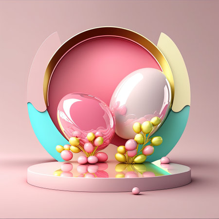 3D Pink Illustration Podium Decorated with Eggs and Flowers for Product Presentation Easter Dayの素材