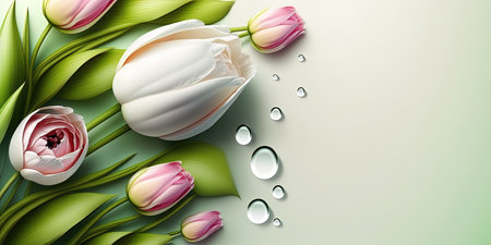 Realistic Nature Flower Illustration of a Tulip Bloom and Green Leavesの素材