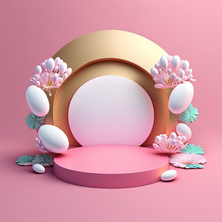 Pink Podium with Shiny Eggs and Flower Decoration for Product Presentation Easter Celebrationの素材