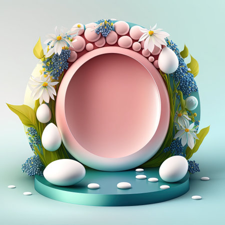 Digital 3D Illustration of a Podium with Easter Eggs, Flowers, and Greenery Ornamentsの素材