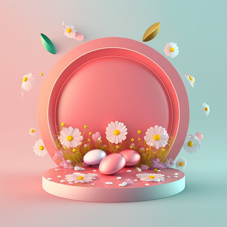 Pink Podium with Shiny Eggs and Flower Decoration for Product Stand Easter Celebrationの素材