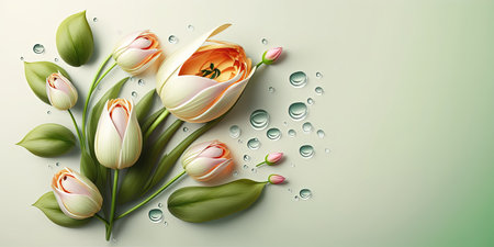 Nature Illustration of a Tulip Flower Blooming and Leavesの素材