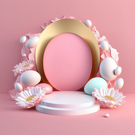 Pink Podium Decorated with Shiny Eggs and Flowers for Easter Dayの素材