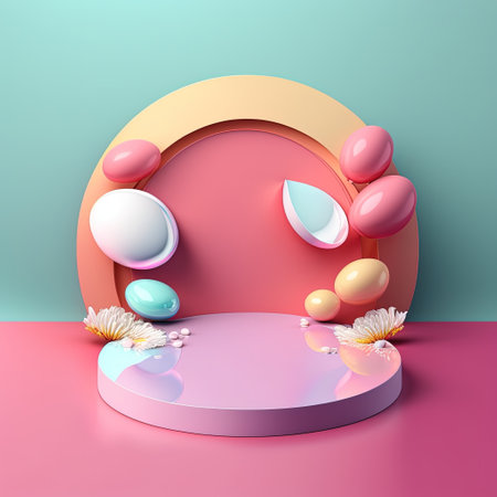 Pink Podium with Eggs and Flower Decoration for Product Display Easter Celebrationの素材
