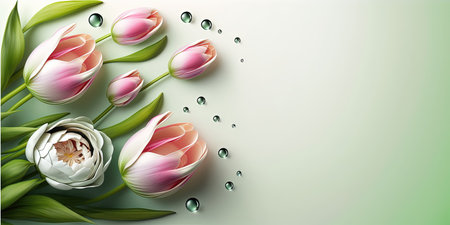 Realistic Nature Flower Illustration of a Tulip Blooming and Leavesの素材