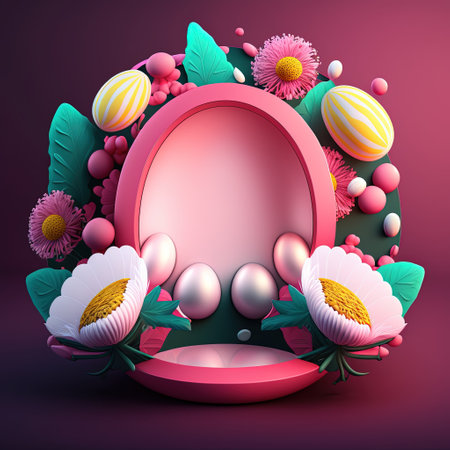 Pink Podium Decorated with Shiny Eggs and Flowers for Product Presentation Easter Dayの素材