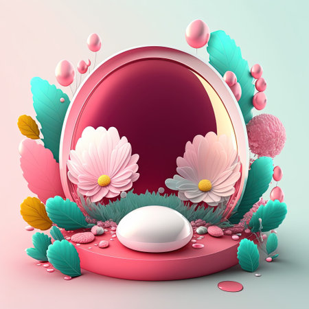 3D Pink Podium Decorated with Shiny Eggs and Flowers for Product Presentation Easter Dayの素材