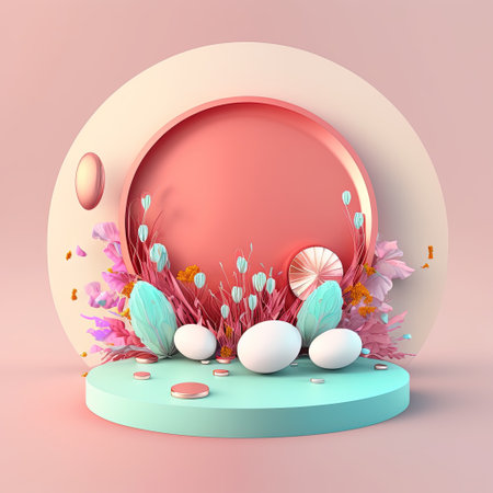 Pink Podium Decorated with Eggs and Flowers for Easter Holidayの素材