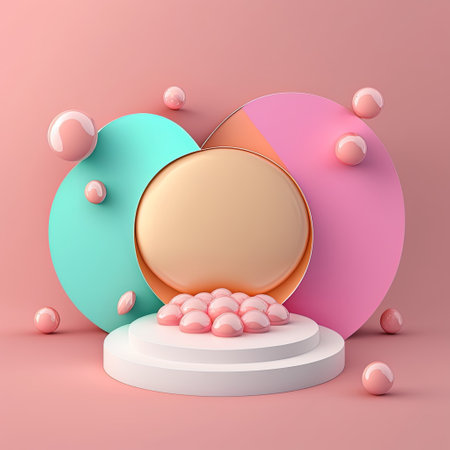 3D Pink Illustration Podium Decorated with Eggs and Flowers for Product Presentation Easter Dayの素材