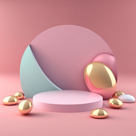 3D Pink Podium Decorated with Shiny Eggs and Flowers for Product Stand Easter Dayの素材
