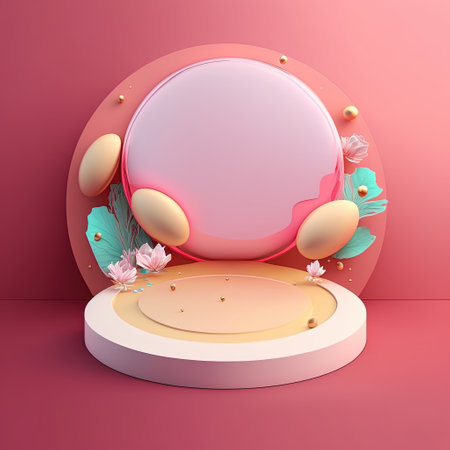 Pink Podium Decorated with Shiny Eggs and Flowers for Product Presentation Easter Holidayの素材