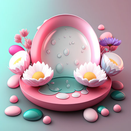 3D Pink Podium Decorated with Shiny Eggs and Flowers for Product Display Easter Holidayの素材