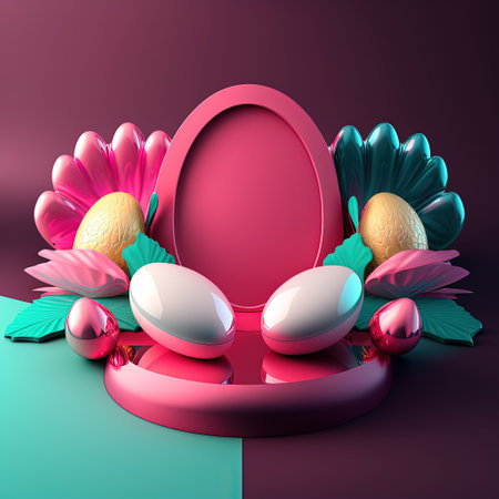 3D Pink Podium Decorated with Eggs and Flowers for Easter Dayの素材