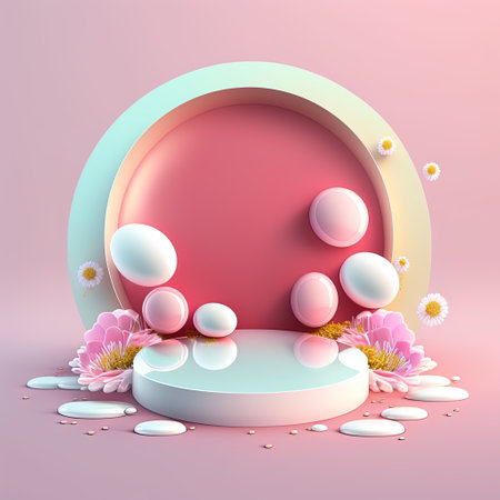 3D Pink Illustration Podium Decorated with Shiny Eggs and Flowers for Product Stand Easter Dayの素材
