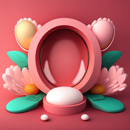 3D Pink Illustration Podium Decorated with Shiny Eggs and Flowers for Product Stand Easter Holidayの素材