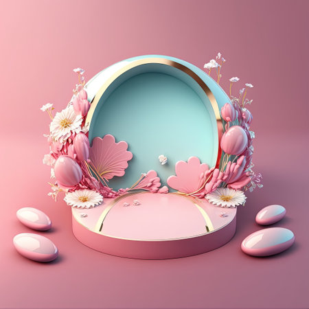 3D Pink Illustration Podium Decorated with Shiny Eggs and Flowers for Easter Dayの素材