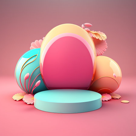 Pink Podium Decorated with Glossy Eggs and Flowers for Easter Dayの素材