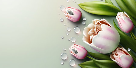 Realistic Flower Illustration of a Tulip Bloom and Green Leafの素材
