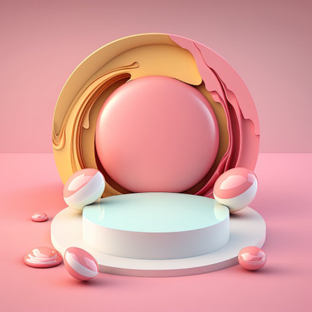 3D Pink Illustration Podium Decorated with Eggs and Flowers for Easter Dayの素材