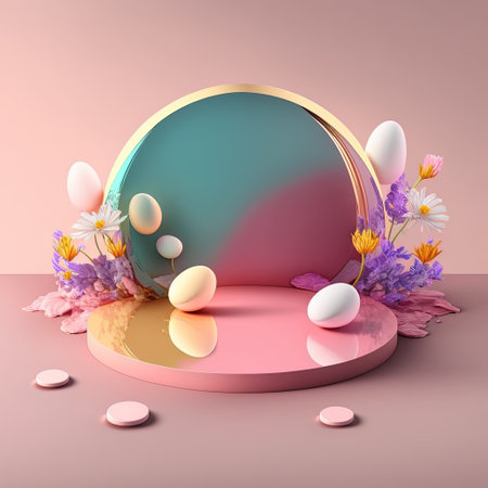 3D Pink Podium with Eggs and Flower Decoration for Product Display Easter Celebrationの素材